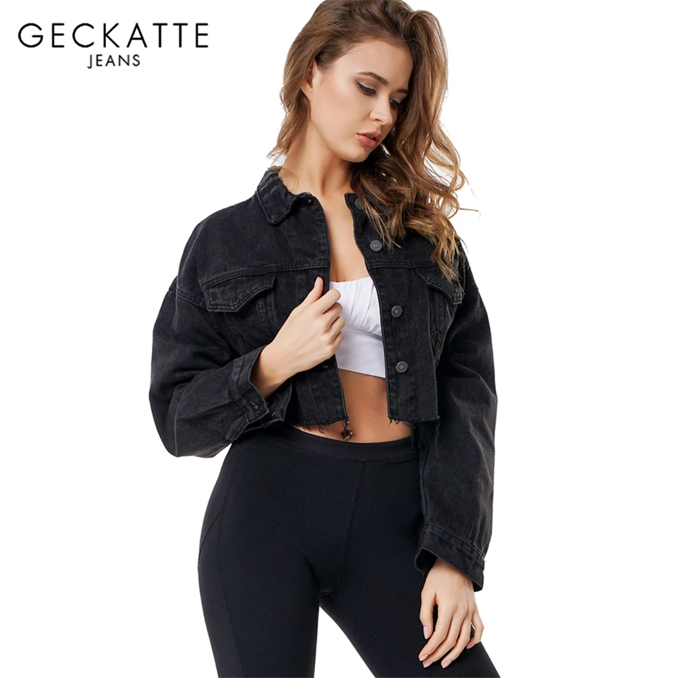 

GECKATTE Black Denim Slim Short Mini Cropped Jacket for Women Fall 2019 Harajuku Jackets Coats Female Streetwear Outerwear Mujer