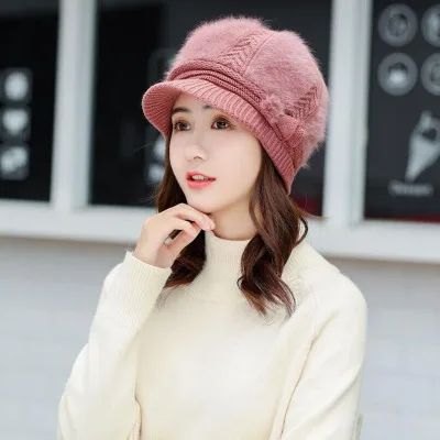 SUOGRY/осенне-зимняя шапка-берет из кроличьего меха; вязаная шапка для женщин; однотонная Модная женская кепка - Цвет: Leather pink