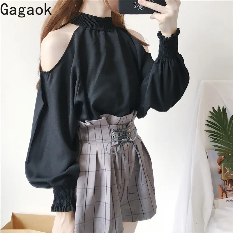 

Gagaok Women Streetwear Blouse Spring Autumn New O-Neck Solid Button Lantern Sleeve Strapless Slim Wild Female Fashion Shirts