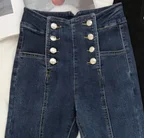 Двубортный стрейч плотно прилегающие джинсы с высокой талией Для женщин весенние узкие укороченные брюки-карандаш женские универсальные джинсы брюки Femme - Цвет: Синий