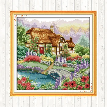 

Cabin with The Fragrance of Flowers Scenery Patterns 14CT 11CT Counted Print Fabric DMC Embroidery Kits Handmade Needlework Sets