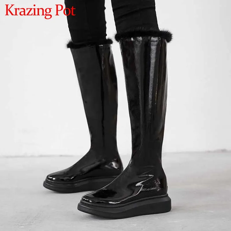 

Krazing Pot simple style basic solid long boots round toe med heels back zip winter keep warm women fashion thigh high boots L52