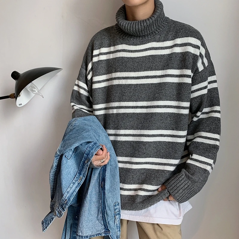 UYUK Autumn And Winter Loose Casual Trend High Collar College Wind Stripe Stitching Knit Sweater Hombre Clothes Man UYUK Autumn And Winter Loose Casual Trend High Collar College Wind Stripe Stitching Knit Sweater Hombre Clothes Man