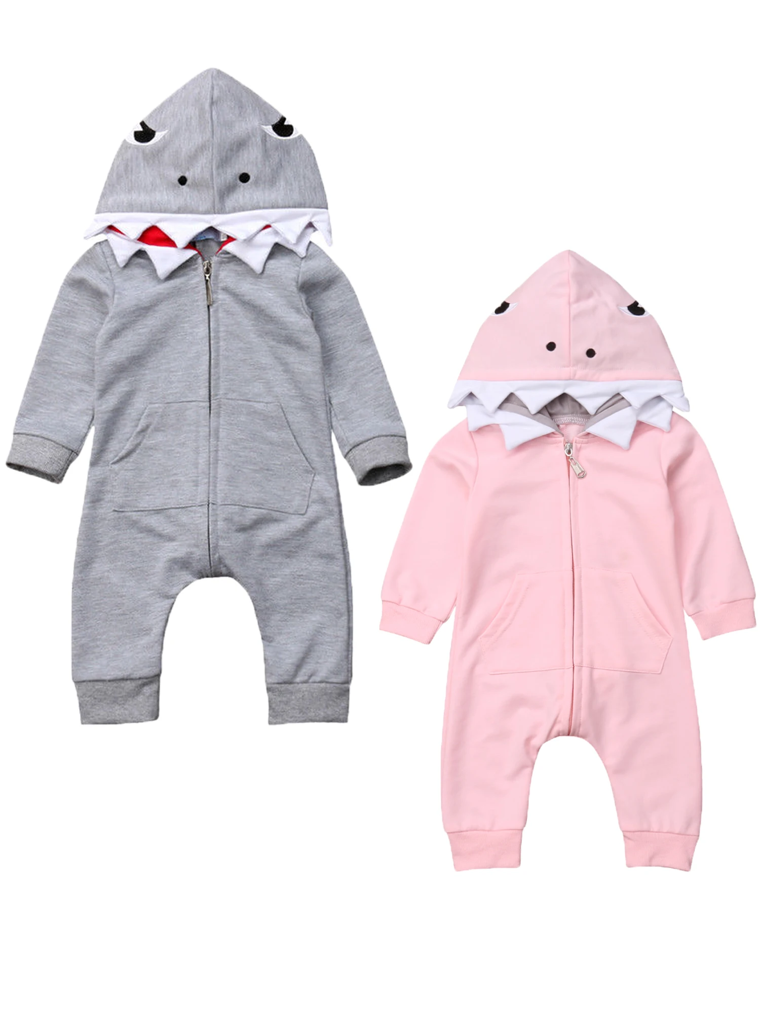 Autumn Kids Toddler Baby Boys Girl Romper Jumpsuit Shark Hooded Clothes Zipper Outfits Cartoon Fall Costume