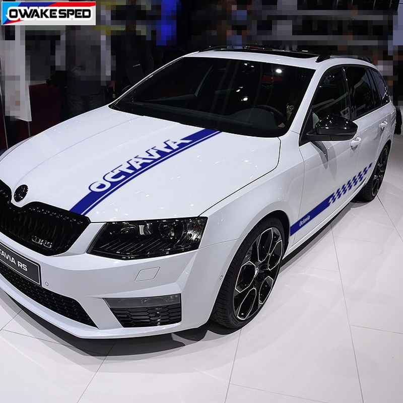 1set Car Body Sticker Hood Bonnet Door Side Skirt Stripes For-Skoda Octavia Racing Sport Graphics Both Side Auto Accessories (3)