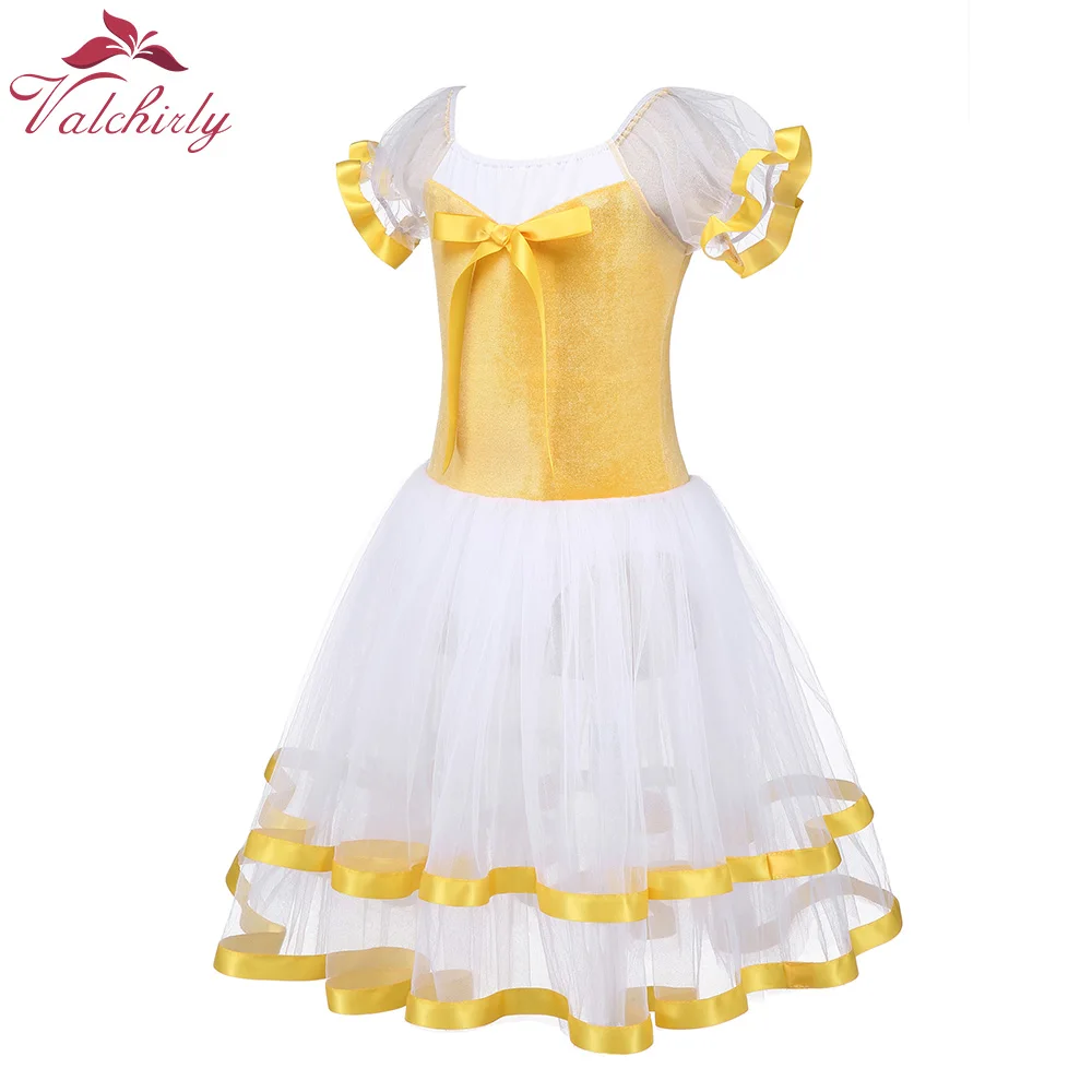 Ballet Leotard Yellow Ballet Dance Tutu Leotard Girls Dancewear Costume Ribbon Long Tulle Skirt Ballerina Fairy Party