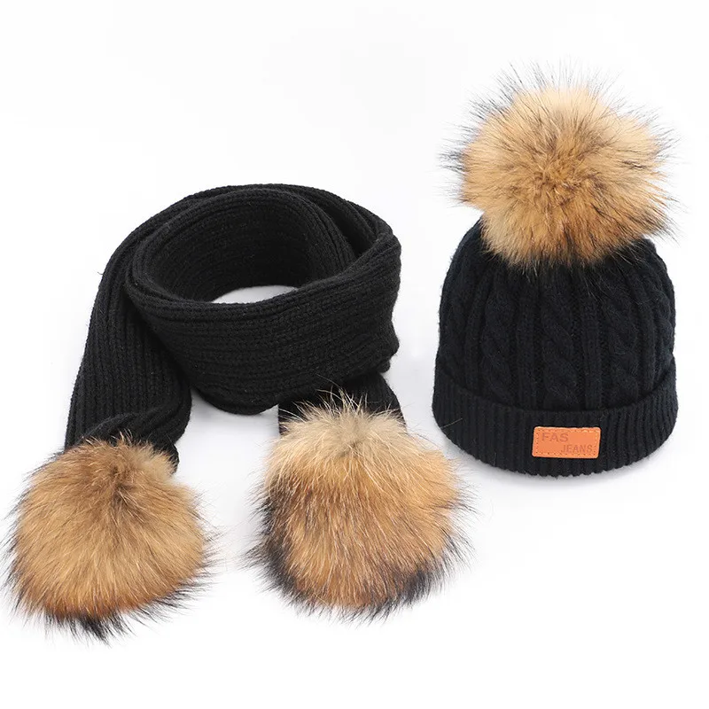 

New Children's Wool Ball Wool Hat Scarf Set Men and Women Thick Raccoon Dog Wool Ball Knitted Earmuffs Hat Set