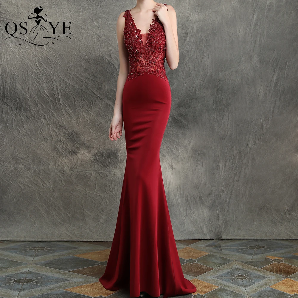 Robe de bal de forme sirÃ¨ne rouge foncÃ©, sans manches, tenue de soirÃ©e de  standing, avec des Appliques de perles, col en V, effet d'illusion,  bordeaux | AliExpress