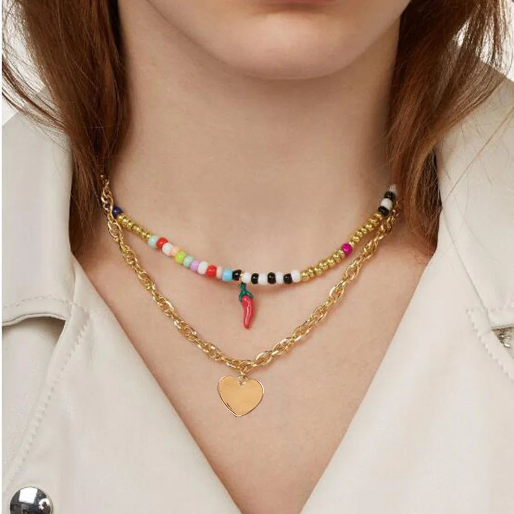 

N7035 Europe And America Fashion New Style Alloy Heart-shaped Pendant Double Layer Necklace Creative Fun Bead Small Chili Neckla