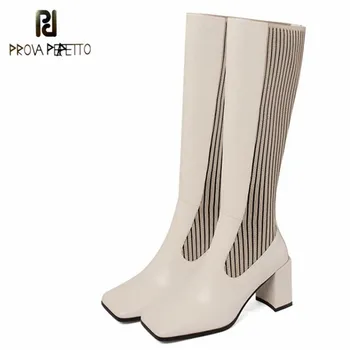 

Prova Perfetto Classics Genuine Leather Boots Women High Heels Mixed Colors Square Head Zapatillas Mujer Comfortable Long Boots