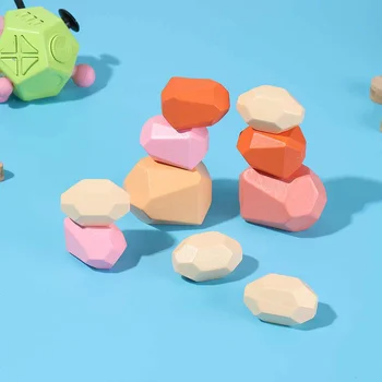 

10Pcs/Lot Children Wooden Educational Toys Colorful Stone Stacking Game Building Block Puzzle Toys Construction Wooden Blocks