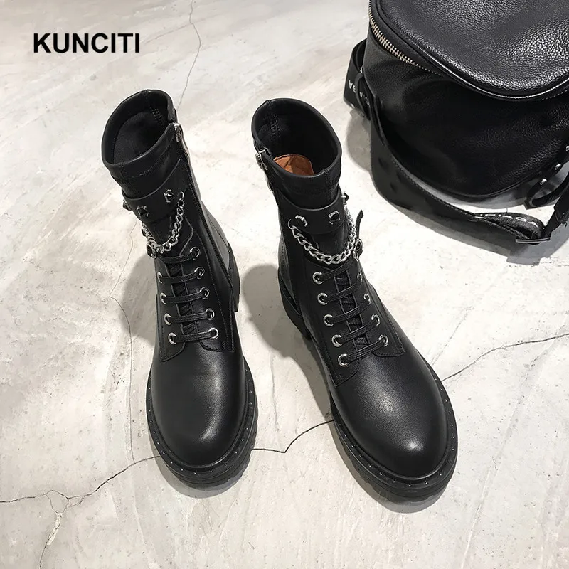 KUNCITI/; ботинки на шнуровке; женские ботильоны из натуральной кожи; зимние Ботинки martin в европейском стиле с цепочкой и круглым носком; D9125