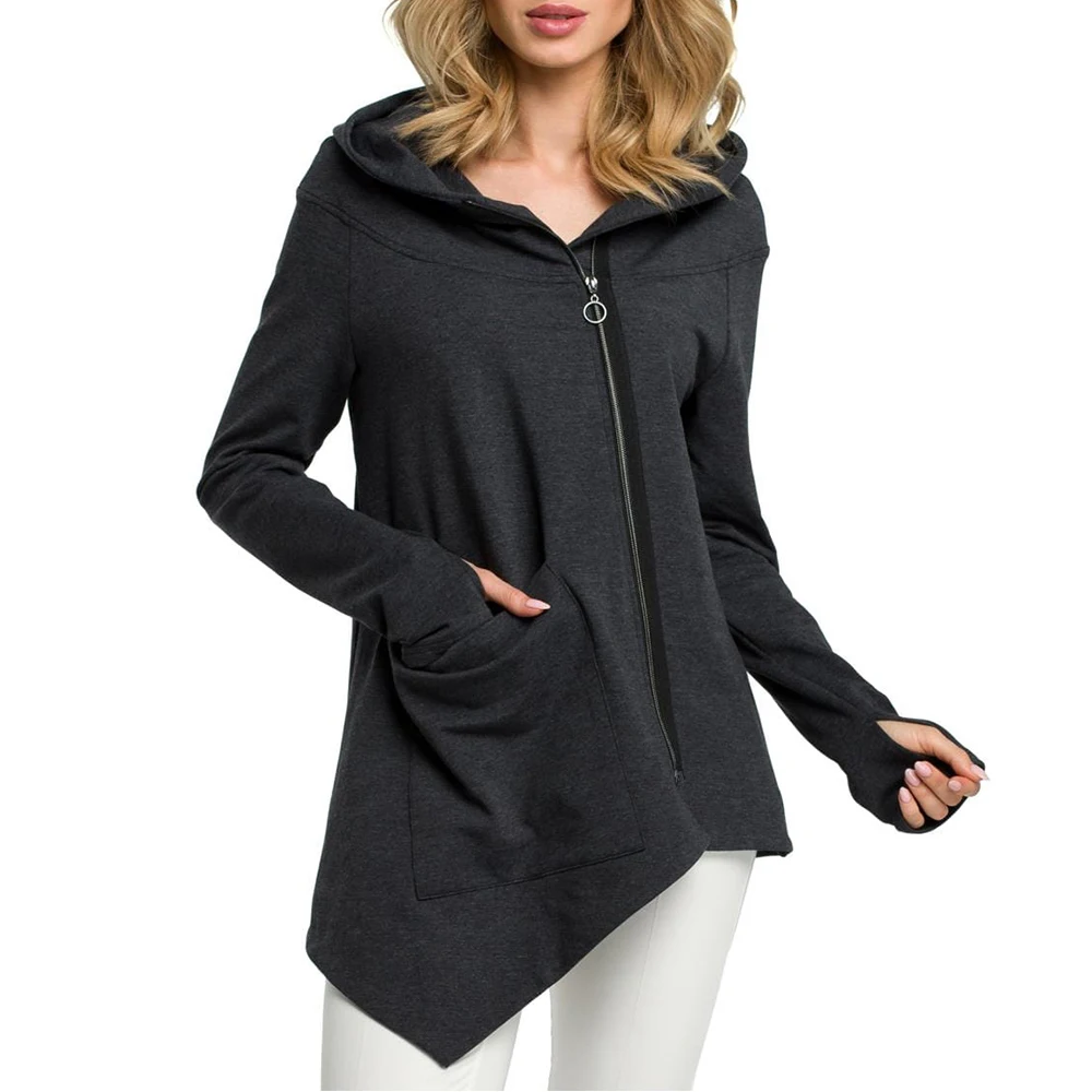 

Women Windbreaker Plus Size Thin Long Outerwear Women Irregular Jacket Solid Zipper Front Hooded Long Sleeve Slim