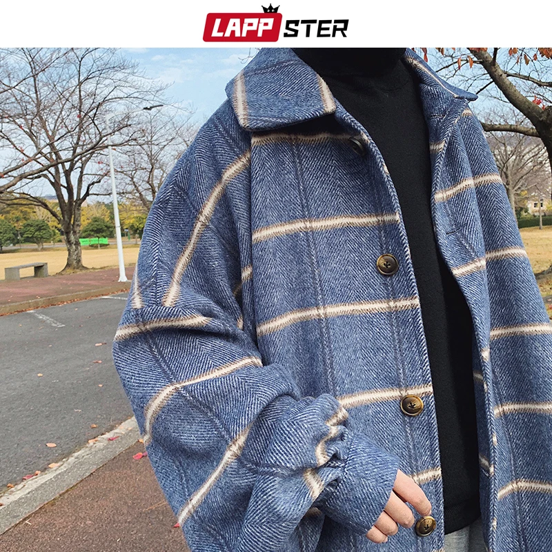 LAPPSTER мужское клетчатое пальто в Корейском стиле шерстяное пальто Мужская Уличная ветровка Harajuku Модные Куртки Оверсайз пальто