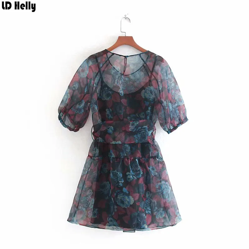 LD Helly женское платье из органзы с цветочным принтом из двух частей летнее платье с круглым вырезом платье с рукавами фонариками платье с галстуком-бабочкой женское платье