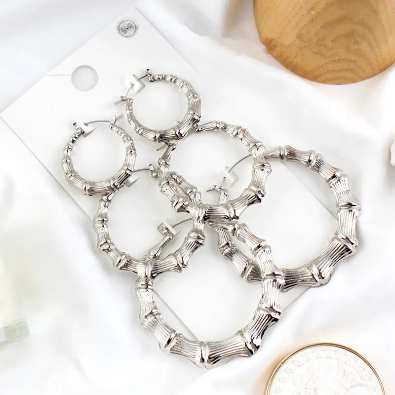 Statement Sliver/Gold Color Big Bamboo Circle Hoop Earrings For Women Hip Hop Large Celebrity Basketball Wives Earrings Hoops 4