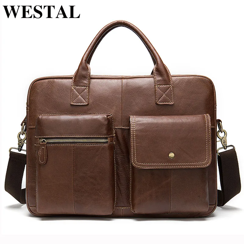 WESTAL Business Computer Briefcases for Laptop 14'' Men's Bag Genuine Leather Document Bags A4 Men Briefcase Leather Bags 7212