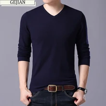 GEJIAN осенний высококачественный повседневный мужской свитер с v-образным вырезом тонкий свитер pull homme модный брендовый Однотонный свитер мужской sueter hombre