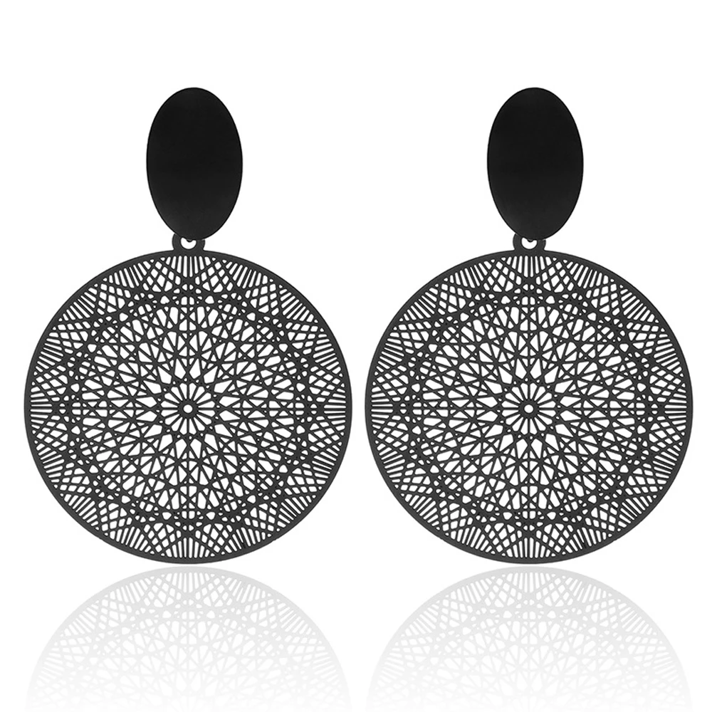 

FSUNION 2020 New Korean Personality Black Ring Temperament Hollow-out Pattern Pendant Earrings For Women Wholesale Jewelry