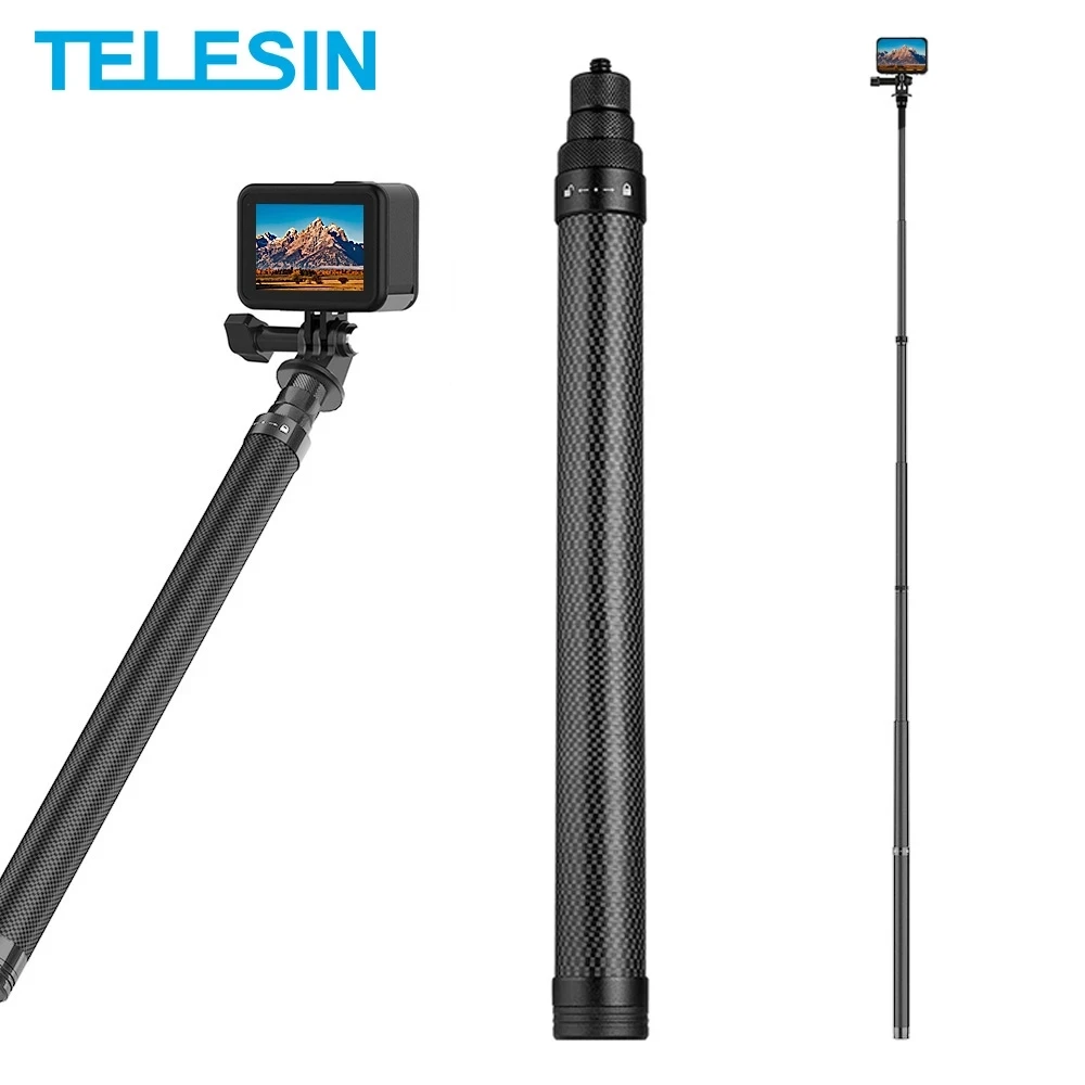 TELESIN 116 cm Carbon Fiber Monopod Selfie Stick Extendable With 1/4 Screw For GoPro Hero 10 9 8 7 Insta360 Osmo Action