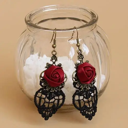

1 Pair Vintage Gothic Vampire Halloween Black Lace Red Flowers Dangle Earrings Rose Earrings unique