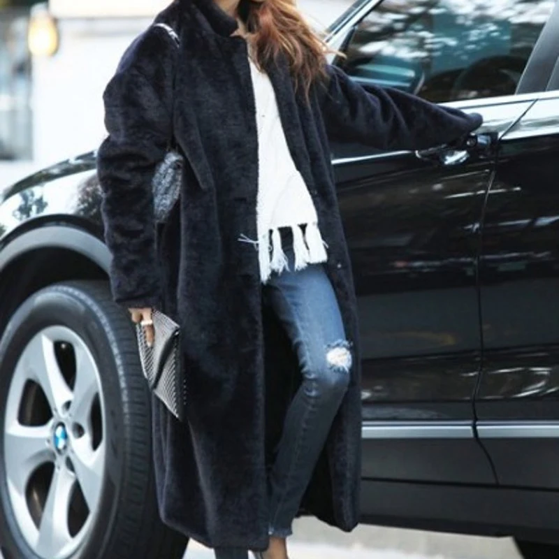 Fashion Trun-down Collar Faux Fur Rabbit Long