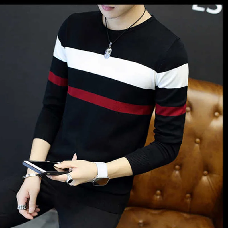 

Men's Korean-Style round Neck Pullover Knitting Shirt Striped Long-Sleeved Sweater for Autumn and Winter