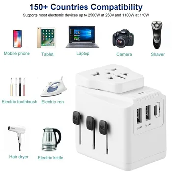 

2500W AC Power Adapter With 3 USB Ports 3.6A Type-C PD/QC3.0 Quick Charging All in One Universal Travel Power Wall Charger