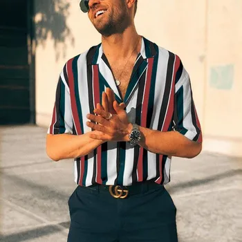 

New Men Fashion Shirts Multicolor Striped Lapel Button Shirts Short-Sleeve Top Blouse Men Shirt Summer Casual business shirt