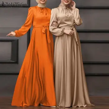 ZANZEA Women Spring Long Sleeve Solid Muslim Sundress Lace Up Vestido Dubai Abaya Hijab Dress Robe Elegant Maxi Long Satin Dress 1