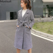 Зимнее утолщенное корейское длинное пальто с узором «гусиная лапка», Женское пальто с поясом и длинным рукавом с отложным воротником, винтажная длинная верхняя одежда, пальто