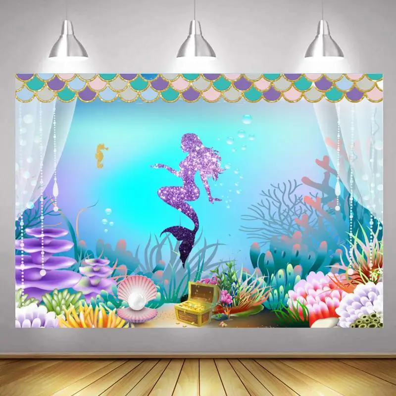 Little Mermaid Ariel Photo Backdrop Girls Custom Curtain Kids Happy Birthday Party Decoration Photography Backgrounds Banner | Электроника