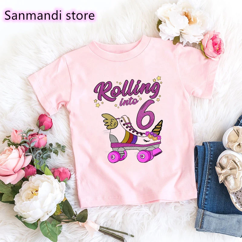 t shirt kid New Arrival 2021 Pink Tshirt Tops For Girls Kids Clothes Rolling Into 7th Birthday Unicorn Roller Skate Party T Shirt Streetwear t-shirt for kid girl	