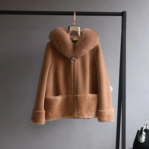 brown OFTBUY пальто с натуральным мехом, зимняя женская куртка, Воротник из натурального Лисьего меха, капюшон, шерсть, тканая верхняя одежда, плюшевый флис - Цвет: brown