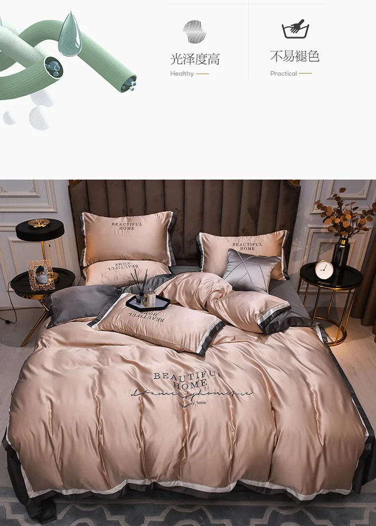 Luxury Bedding Sets Pink Grey White Rayon Embroidery Sheet Quilt Pillowcase Comfortable Soft Fluffy Bedding King Queen 4pcs
