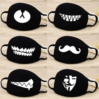 

4Pcs Breathable Cotton Black Mask Funny Teeth Pattern Adults Women Men Mouth-muffle Outdoor Anti-dust Windproof Warm Mask