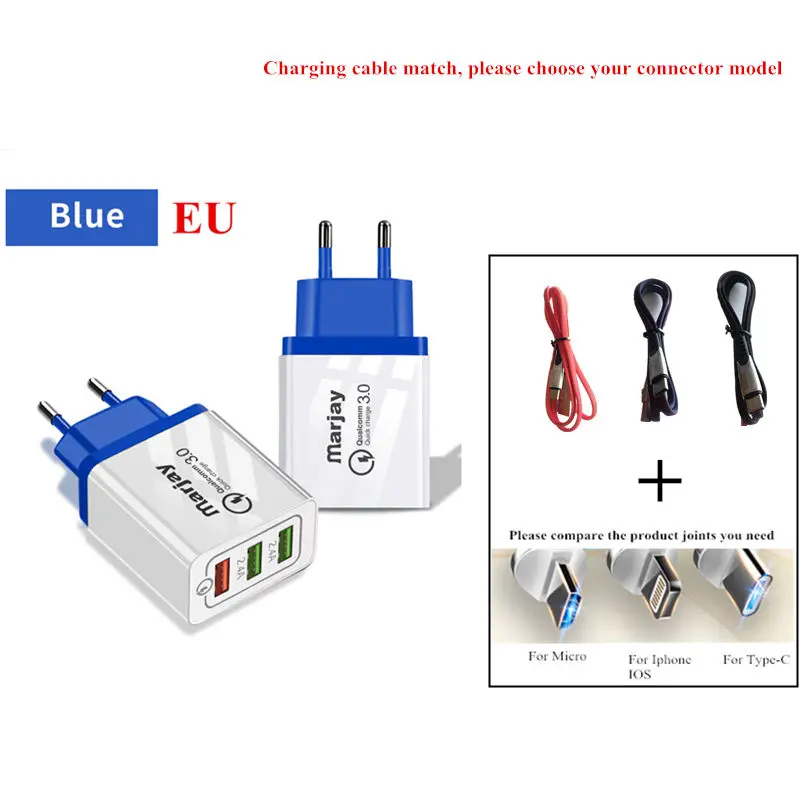 EU blue Зарядное устройство 5 V/2A ЕС Тип-C Micro USB кабель для передачи данных дорожный адаптер для зарядного устройства для iPhone X макс 7 8 11 QC3.0 быстрой зарядки для samsung - Цвет: EU blue