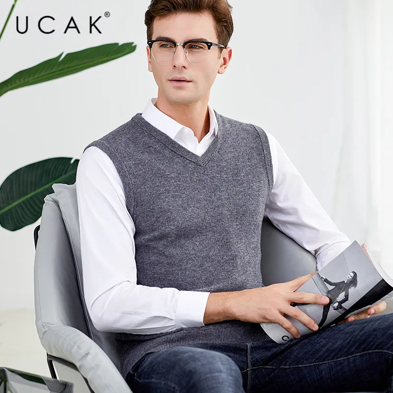 60% OFF UCAK Brand Solid Pure Merino Wool Nine Colors Sweater Vests 2019 New Autumn Winter Casual Pull Homme Streetwear Sweaters U3121