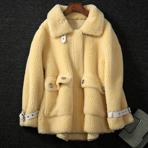 Lemon yellow AreMoMuWha/Новинка года; зимнее пальто из овечьей шерсти; вельветовое длинное пальто из композитного меха; женское корейское пальто; qx1228 - Цвет: Lemon yellow