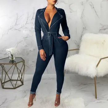

Autumn Sexy Women V Neck Denim Jumpsuit Fashion Long Sleeve Solid Loose Belted Romper Combinaison Femme 2019 New Hot Sale Y