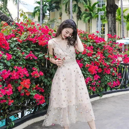 

2019 New Style Dress Women's Summer Thailand Popular Brand Camisole Star Sequins Immortal Long Skirts Sexy Island Holiday Skirt