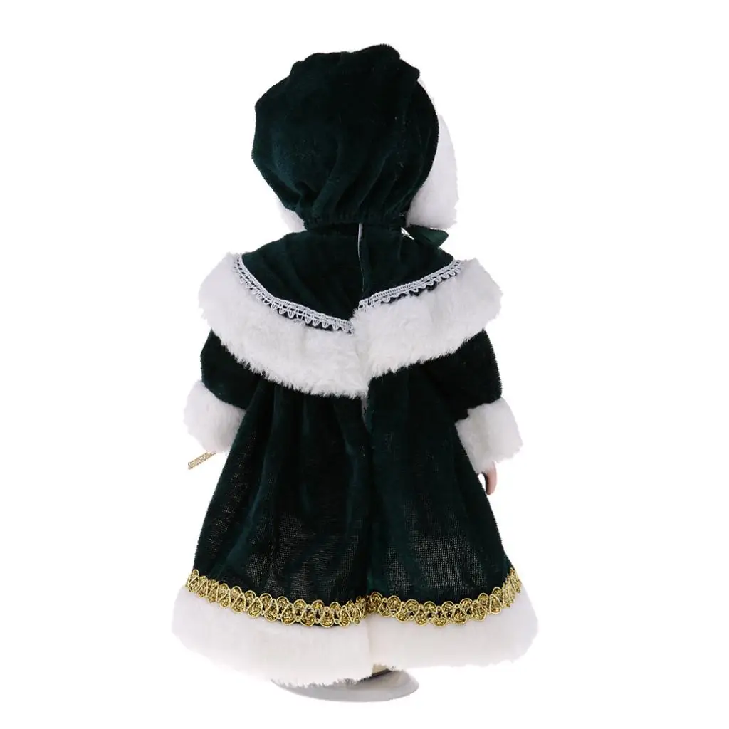 12inch Victorian Porcelain Doll with Stand People Figures in Green Plush Coat Hat Kids Gift Adult Collections