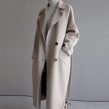 Свободные длинные шерстяные пальто женские зимние повседневные шерстяные пальто с поясом женские корейские модные теплые шерстяные куртки элегантная верхняя одежда