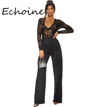 

Sexy Lace See Through Patchwork Jumpsuit Open Up Long Sleeve Long Wide Pants Bodysuit Overalls Office lady Autumn And Winter