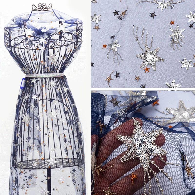 1 ярд/лот 130 см красивая блестящая вышитая бисером Звезда Печать Кружева Тюль ткань для свадебного платья носить в синем цвете