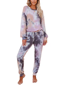 

Women 2PCS Outfit Set Tie Dyeing Patterns Round Neck Long Sleeve Top Long High Waist Drawing Straps Elastic Band Pants Set