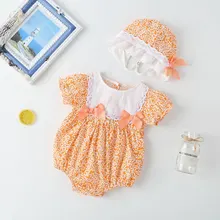 

Fashion Printed Newborn Clothes Summer Baby Girls Clothes Girls Bodysuits Cotton Short Sleeve Baby Bodysuits+hat Infant Clothing
