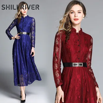

2020 spring autumn designer long dress for women long sleeves slim casual lace elegant a-line swing full dresses belt red blue