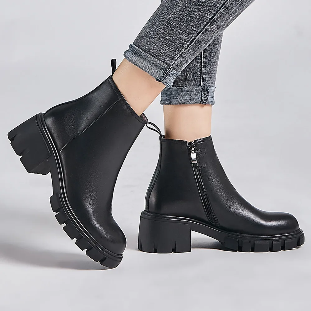 

Women's genuine cow leather chunky heel platform autumn ankle boots round toe side zip spring new short bootis casual shoes sale
