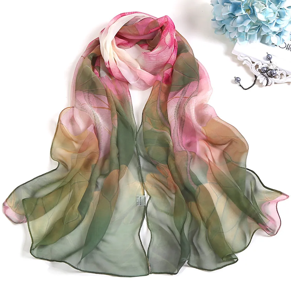 Страусиный шарф для женщин, высокое качество, модный длинный мягкий шарф с принтом лотоса, Женский шифоновый шарф 909 - Цвет: Green